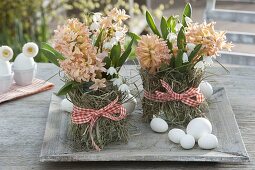 Bouquets of Hyacinthus 'Gipsy Queen' (hyacinths) and Leucojum