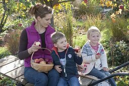 Frau mit Kindern bei der Apfelernte