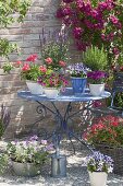 Gravel terrace with pot arrangement on a blue table