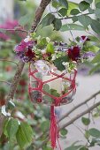 Preserving jar with macrame as lantern on tree, wreath of tropaeolum