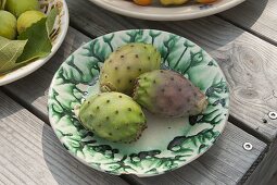 Frisch Früchte vom Feigenkaktus (Opuntia ficus-indica) auf Keramik
