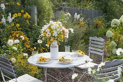 Small seating place at the yellow and white bed with Dahlia 'My Love'