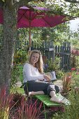 Green Liege with parasol under apple tree