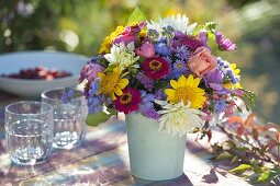 Colorful bouquet from Dahlia, Helianthus, Zinnia