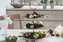 Etagere with cones, green balls and branches of Larix and Pinus