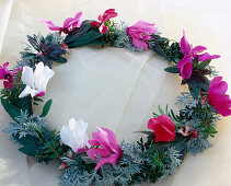 Table wreath with Cyclamen persicum (cyclamen)