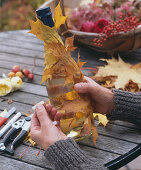 Bottle in leaf dress (4/6). Wrap bottle with Acer (maple foliage)