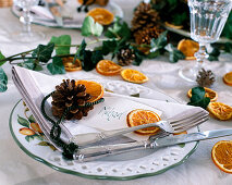 Citrus (orange slices), Pinus (pine cones) as napkin decoration, Hedera (ivy)