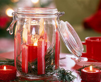 Wind light with napkin technique (4/4). Canning jar with pinus (pine needles) and candle