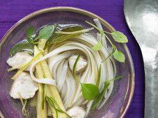 Thai soup with rice noodles and chicken breast fillet