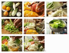 Salad with fennel, citrus fruits and fried green asparagus being made