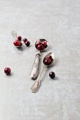 Cranberries on a silver spoon