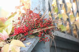 Bouquet of viburnum berries, rose hips, reeds and raspberry leaves