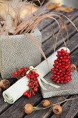 Napkin ring and small tower made of rose hips