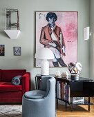 Portrait of woman and stylish mixture of furniture in living room