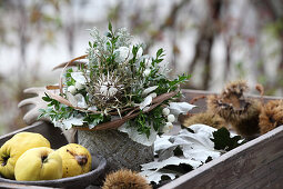 Arrangement of box, thistles and honesty in wooden crate