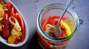 Preserved lecsó (thick vegetable ragout with peppers from Hungary)