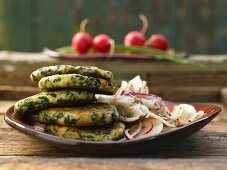 Quark biscuits with two varieties of radishes in a mustard vinaigrette