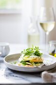 Cucumber melon caprese salad with rocket and purslane