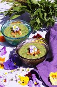 Herb soup garnished with croutons and violet flowers