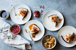 Chocolate Crusted Chèvre Cheesecake with Earl Grey Poached Pears & Pomegranate (gluten-free)