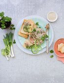 Moroccan spiced leek paste with sour cream and trout on melba toast