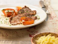 Veal minute steaks with apricots in mustard sauce