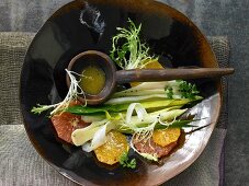 Stewed leeks with orange and grapefruit in a vinaigrette