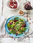 Broccoli salad with chickpeas and pomegranate seeds