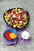 Salad with chicken, nuts, dried cranberries, pomegranate and yogurt