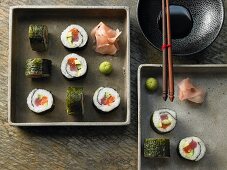 Maki sushi with tuna, salmon, cucumber and avocado