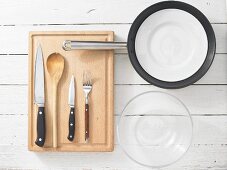 Kitchen utensils for making a courgette and potato tortilla