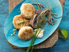 Japanese pollock burgers with ginger mayonnaise and soba noodles