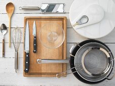 Assorted kitchen utensils for preparing salads