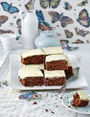 Coffee cake with icing, cut into squares