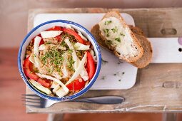 Veganer Salat in einer Schüssel (Einkorn, Weisskohl, Tomaten, Kresse, Sellerie, Pfeffer)