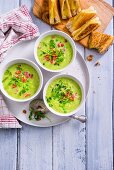 Pea, Bacon and Broccoli Soup with Cheese Triangles