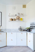 Leather loops used as handles on kitchen cabinets with marble worksurface