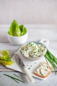 Homemade fresh cheese with chives and salt