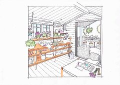 Illustration: a table construction for plants and garden tools in a garden shed