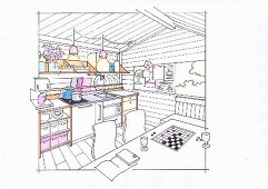 Illustration: Kochstelle für Selbstversorger in einem Gartenhaus