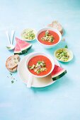 Chargrilled watermelon gazpacho with avocado salsa and garlic toast