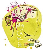 An illustration of a woman's head with nerve cells and minerals to symbolise headaches
