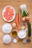Ingredients for yeast flatbread with smoked salmon and vegetables