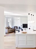 White island counter and view into minimalist living area