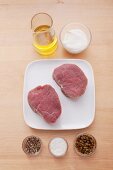 Ingredients for filet steaks with green pepper sauce