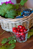 Glass of cherries in front of basket of vine leaves