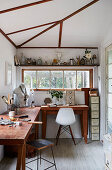 Wooden tables in a jewelry designer's workshop