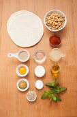 Ingredients for hummus with sesame tortilla sticks