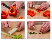 How to prepare chilli peppers, celery, and chives (for a spicy meal)